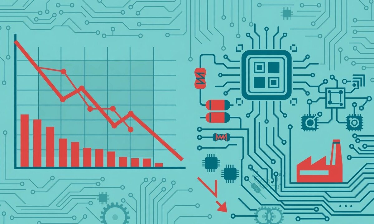 Editorial illustration of a stock chart with circuit board motifs in financial tones