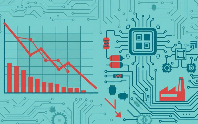 Editorial illustration of a stock chart with circuit board motifs in financial tones