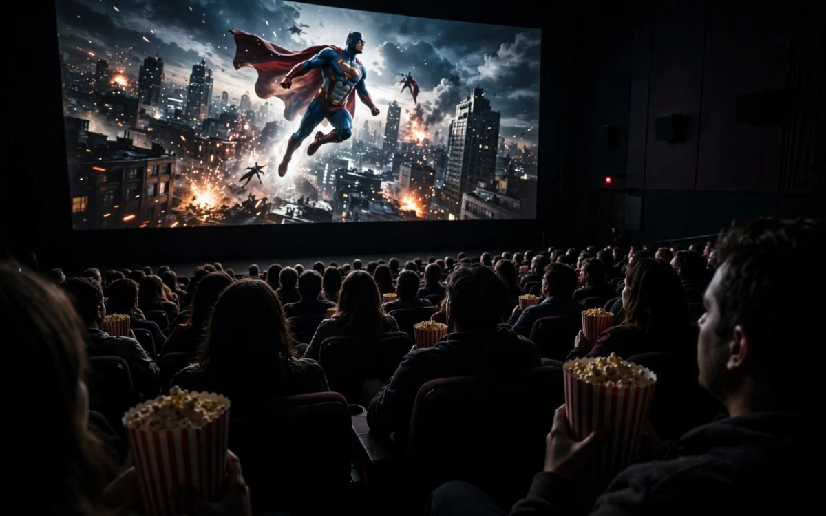 A packed cinema crowd watches Avengers Endgame on a giant screen.