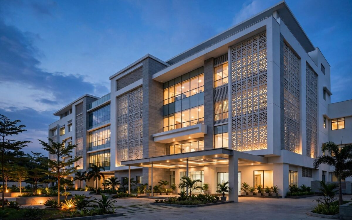 A modern Indian hospital building exterior at dusk