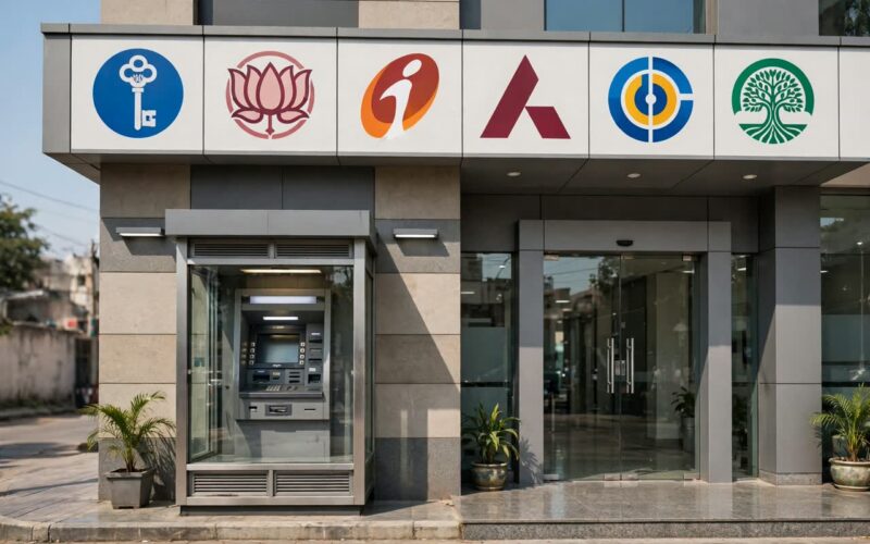 Modern Indian bank branch buildings on a quiet street in morning light