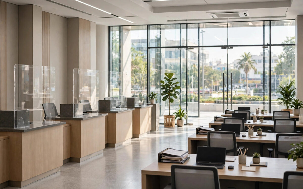 An empty, sunlit bank branch interior with customer counters and neatly arranged seating.