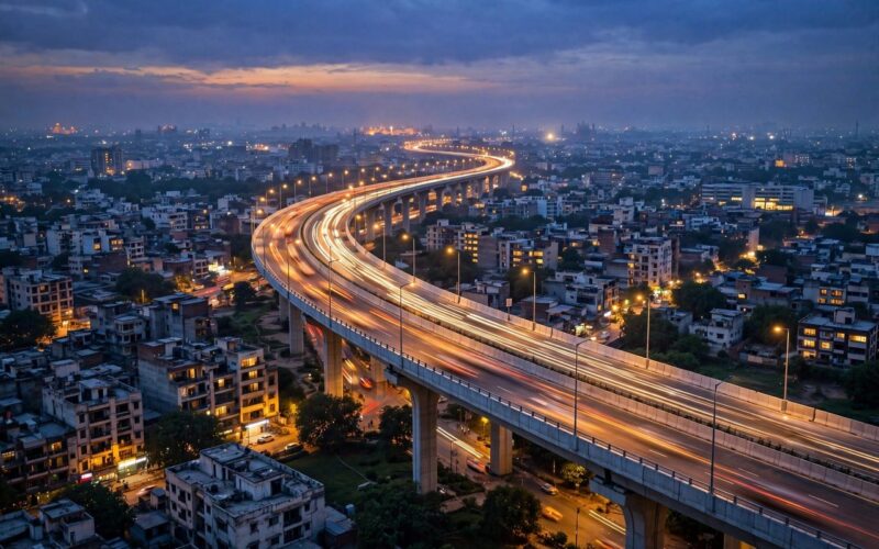 Newly built elevated road corridor in Delhi at dusk