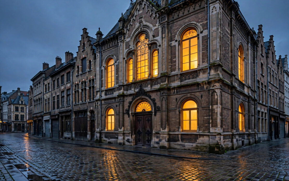 A historic synagogue facade in Belgium at dusk, after officials blamed Iran for coordinated attacks.
