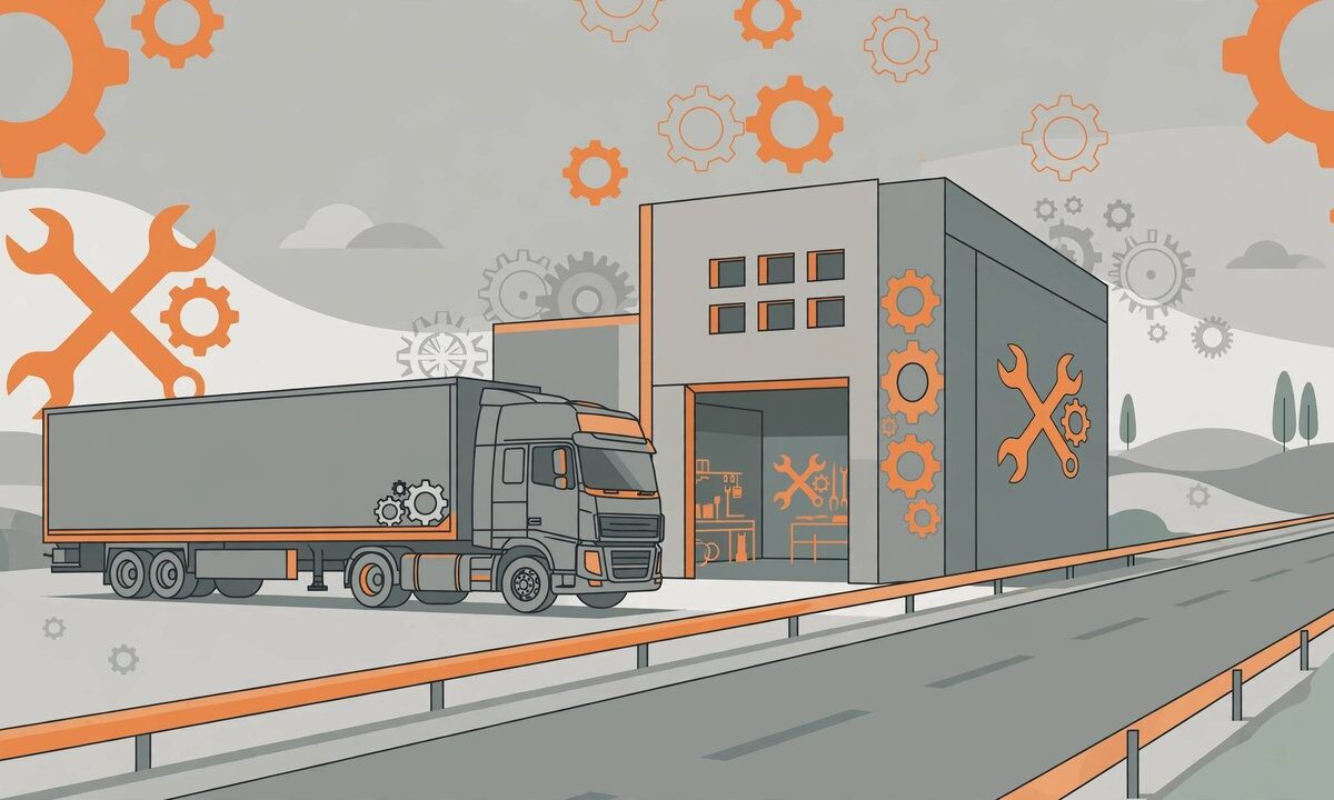 Editorial illustration of a commercial truck at a modern highway service workshop