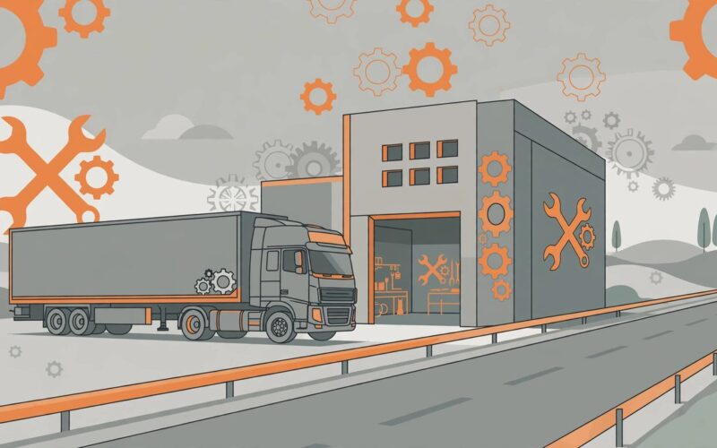 Editorial illustration of a commercial truck at a modern highway service workshop