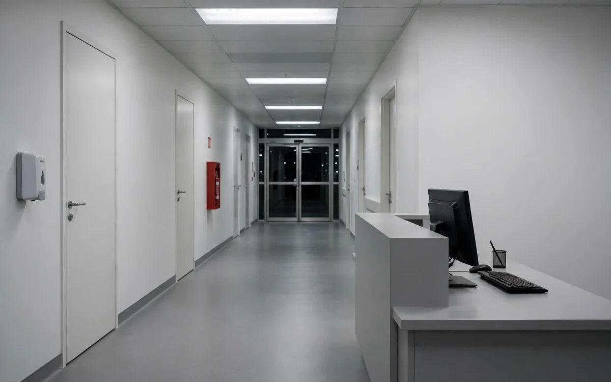 A quiet, empty hospital corridor at night with a reception desk under soft fluorescent light.