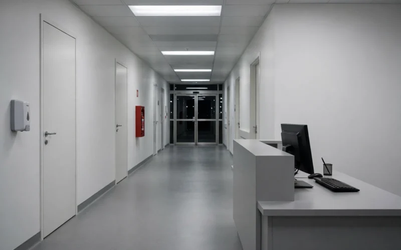 A quiet, empty hospital corridor at night with a reception desk under soft fluorescent light.