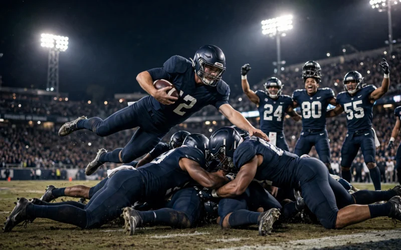 A football quarterback diving over the goal-line pile under stadium lights as teammates celebrate behind him.