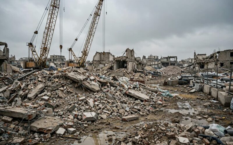 Rubble and construction cranes under a grey sky