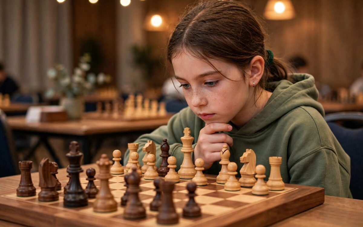 Young girl playing chess at a tournament board