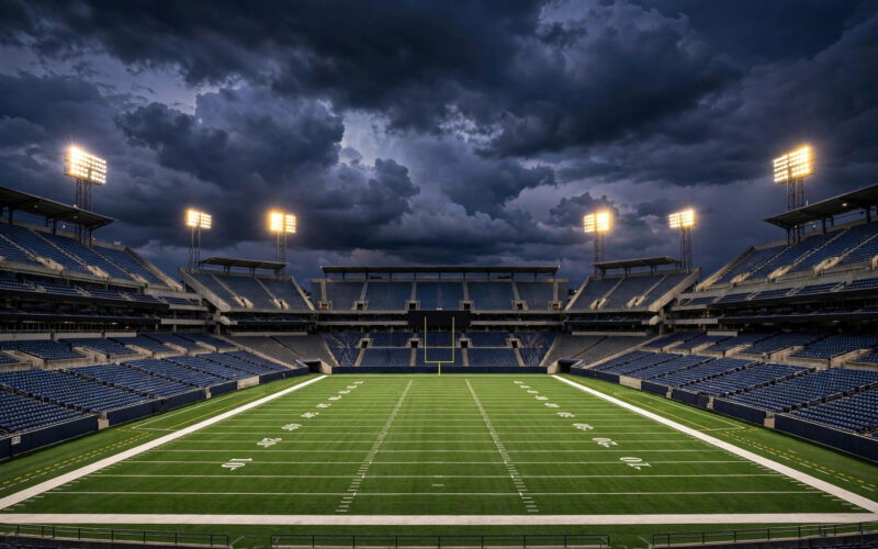 An empty American football stadium under floodlights at night after a Broncos-Rams game.