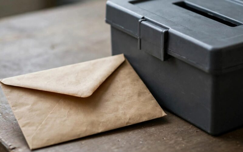 A close-up of a paper envelope on a desk next to a ballot box, no people.