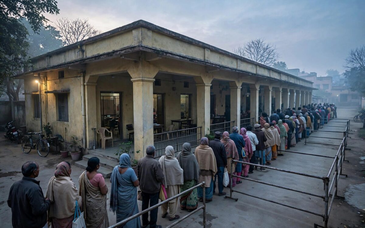 Indian voters standing in a queue outside a polling booth on election day