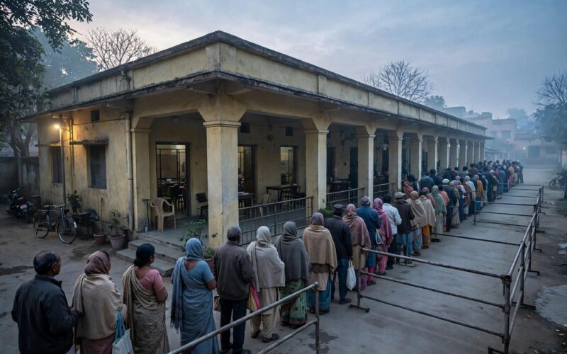 Indian voters standing in a queue outside a polling booth on election day