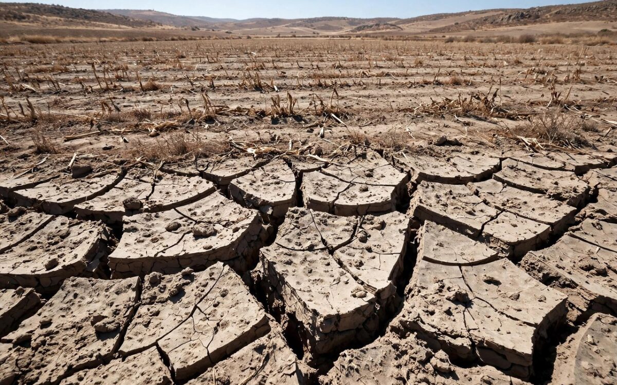 A dry cracked farmland under a harsh sun during drought