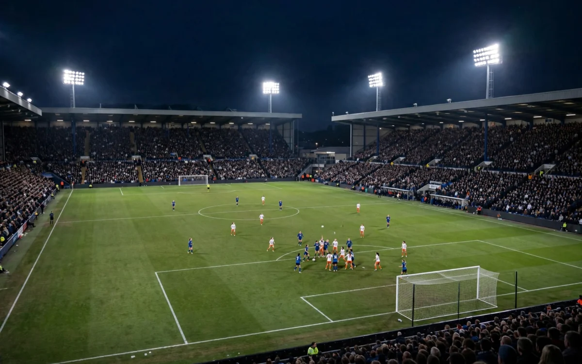 A women's football match under floodlights at a packed stadium, with players contesting the ball in the penalty area.