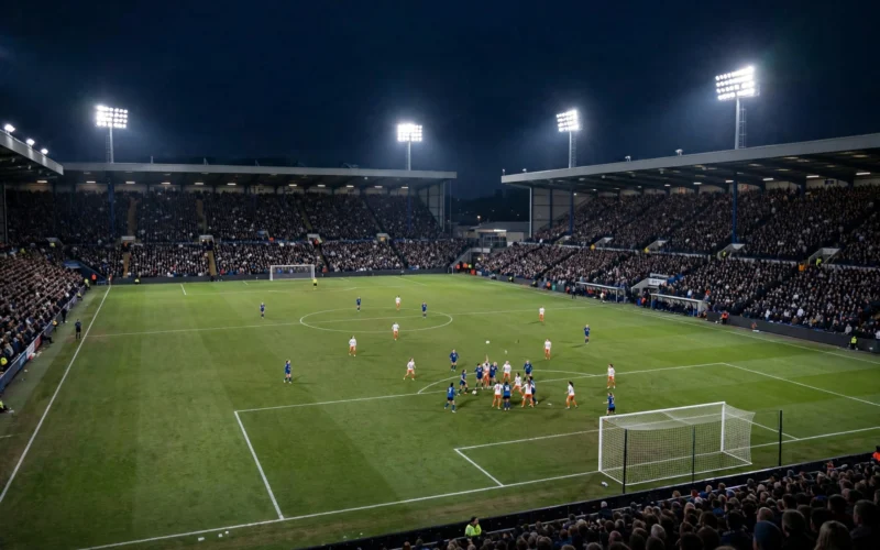 A women's football match under floodlights at a packed stadium, with players contesting the ball in the penalty area.