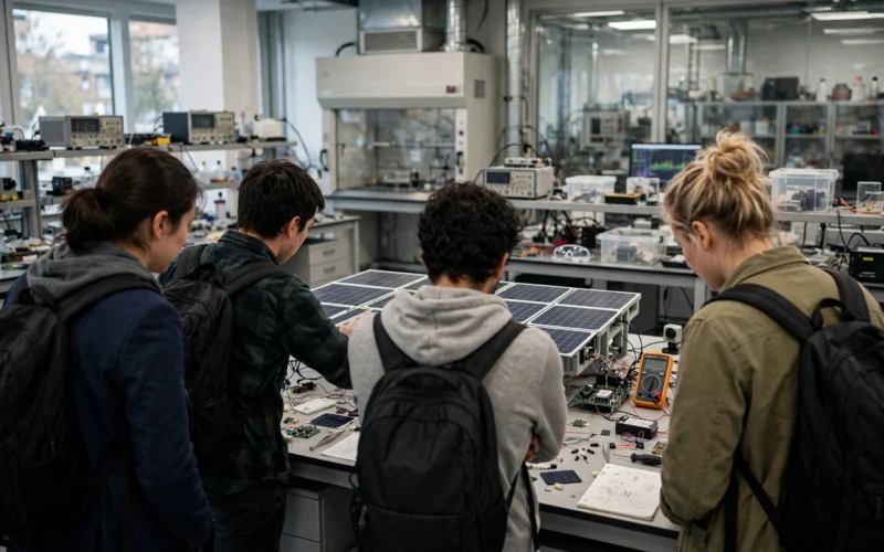 Engineers and startup founders discussing a prototype solar installation in a modern research laboratory.