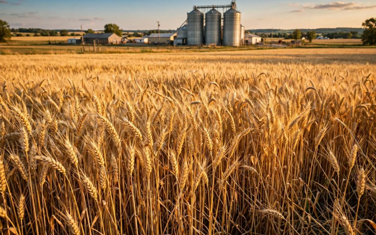 Golden wheat field with grain silos at harvest time