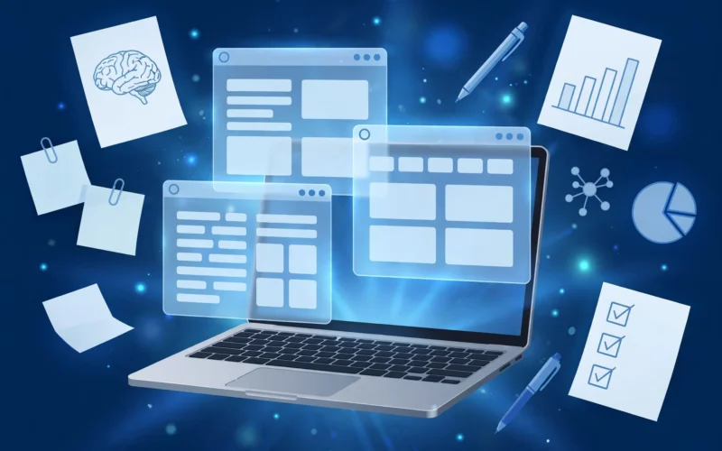 Laptop with browser and study illustration