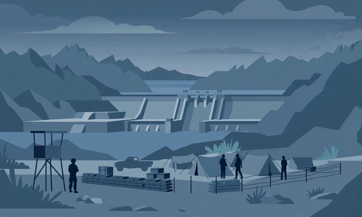 Editorial illustration of a mountain security camp at dusk with a dam silhouette in sombre tones