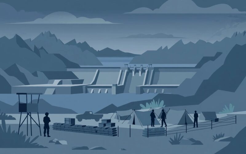 Editorial illustration of a mountain security camp at dusk with a dam silhouette in sombre tones