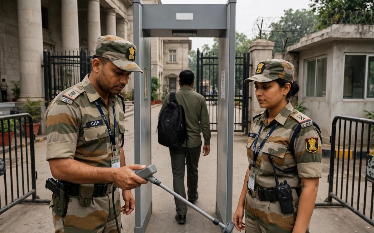 CISF security personnel at building entry checkpoint