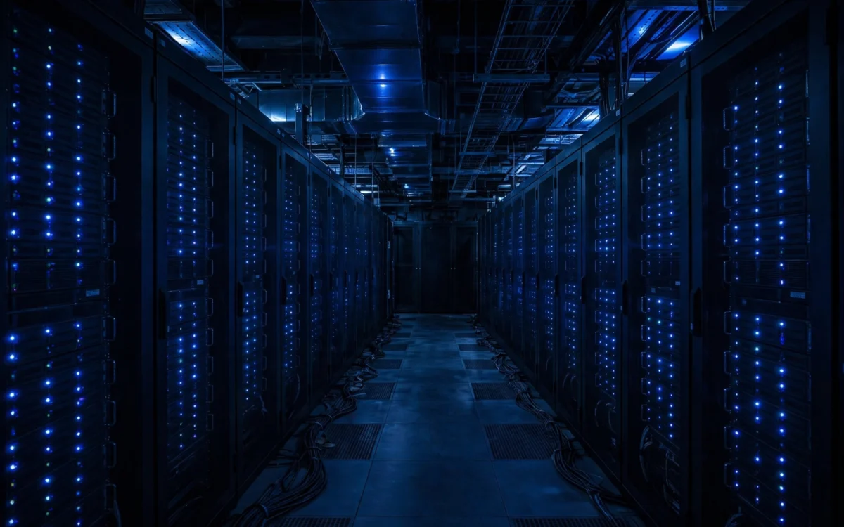 A dark data center server room with rows of racks lit by small blue status lights.