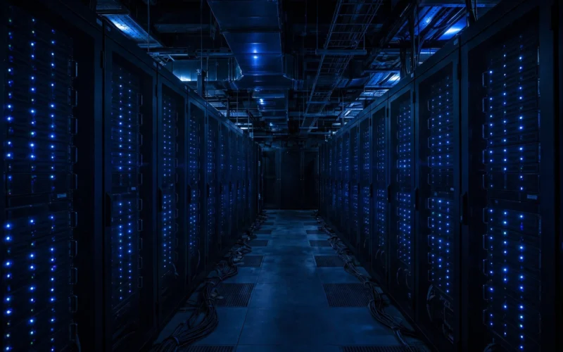 A dark data center server room with rows of racks lit by small blue status lights.