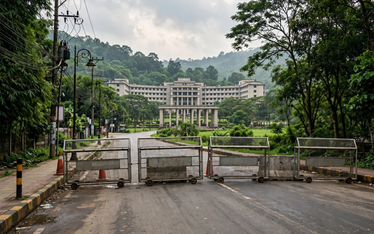 Police barricades on a road in Guwahati with a government building in the distance