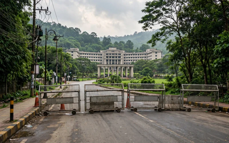 Police barricades on a road in Guwahati with a government building in the distance