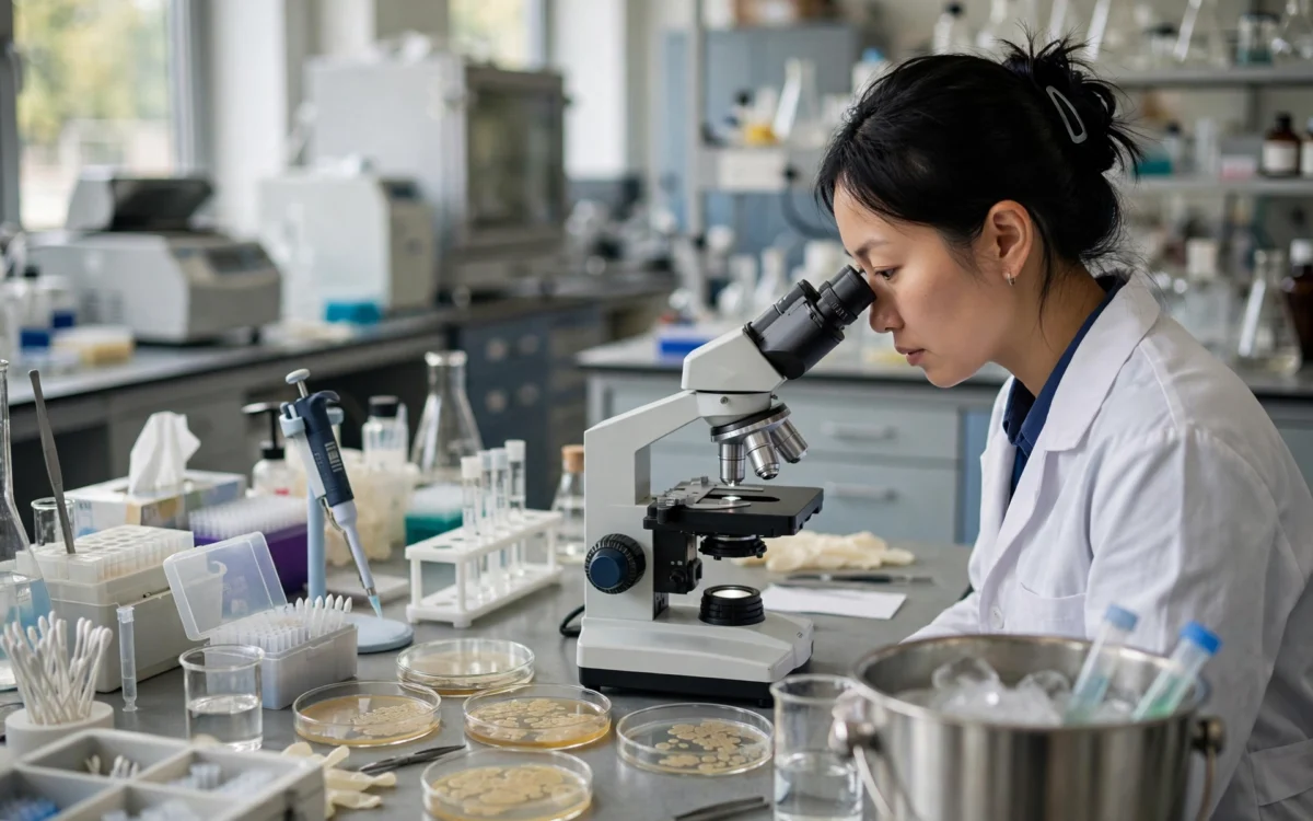Scientist examining samples under a microscope in a biology laboratory