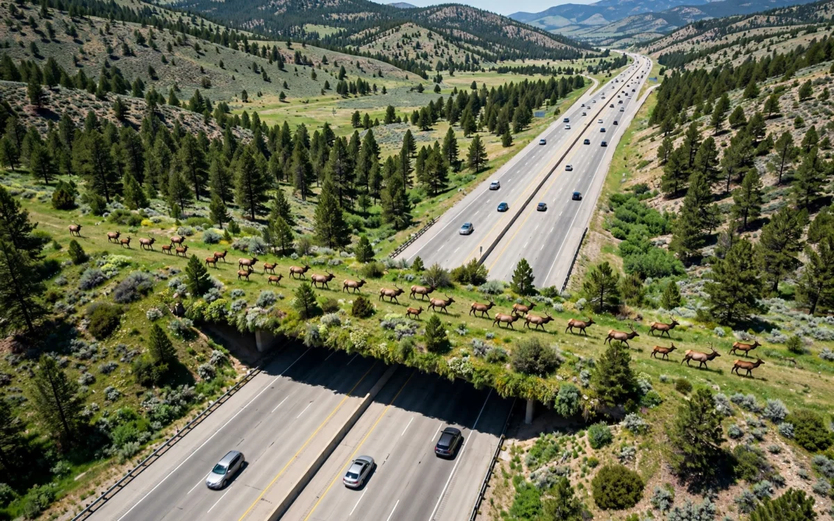 Elk crossing the Greenland wildlife overpass over Interstate 25 in Colorado