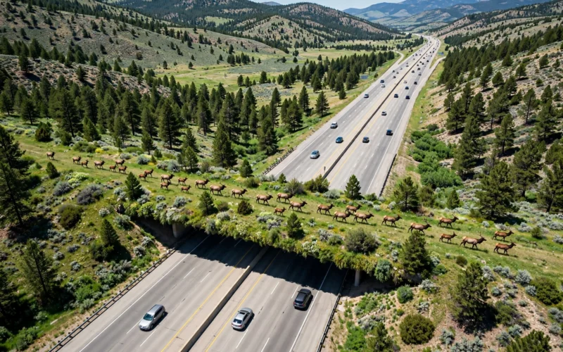 Elk crossing the Greenland wildlife overpass over Interstate 25 in Colorado