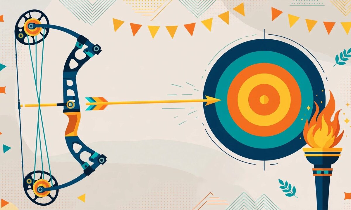 Editorial illustration of a compound bow and target with Olympic rings motif