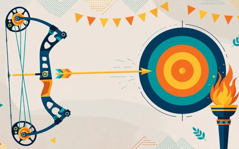 Editorial illustration of a compound bow and target with Olympic rings motif