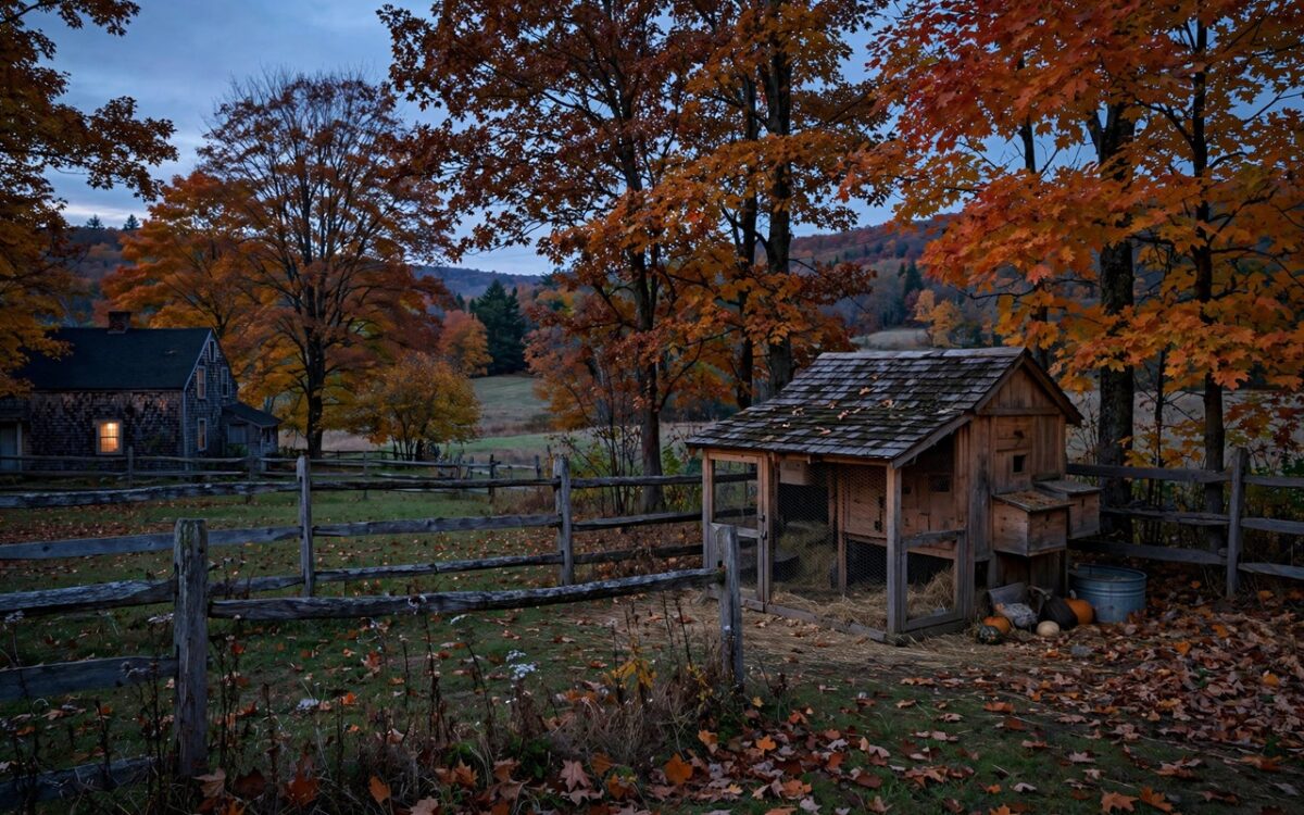 Rural Connecticut property with a wooden fence and chicken coop at dusk