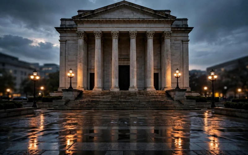 The stone steps and columns of a US federal courthouse at dusk, with wet pavement reflecting warm light on an empty plaza.
