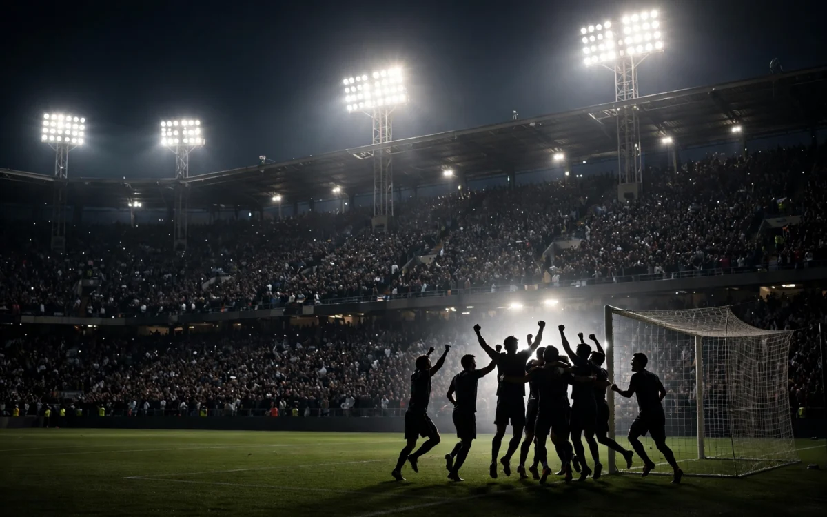 A packed soccer stadium at night with players celebrating near the goal after a dramatic late winner.
