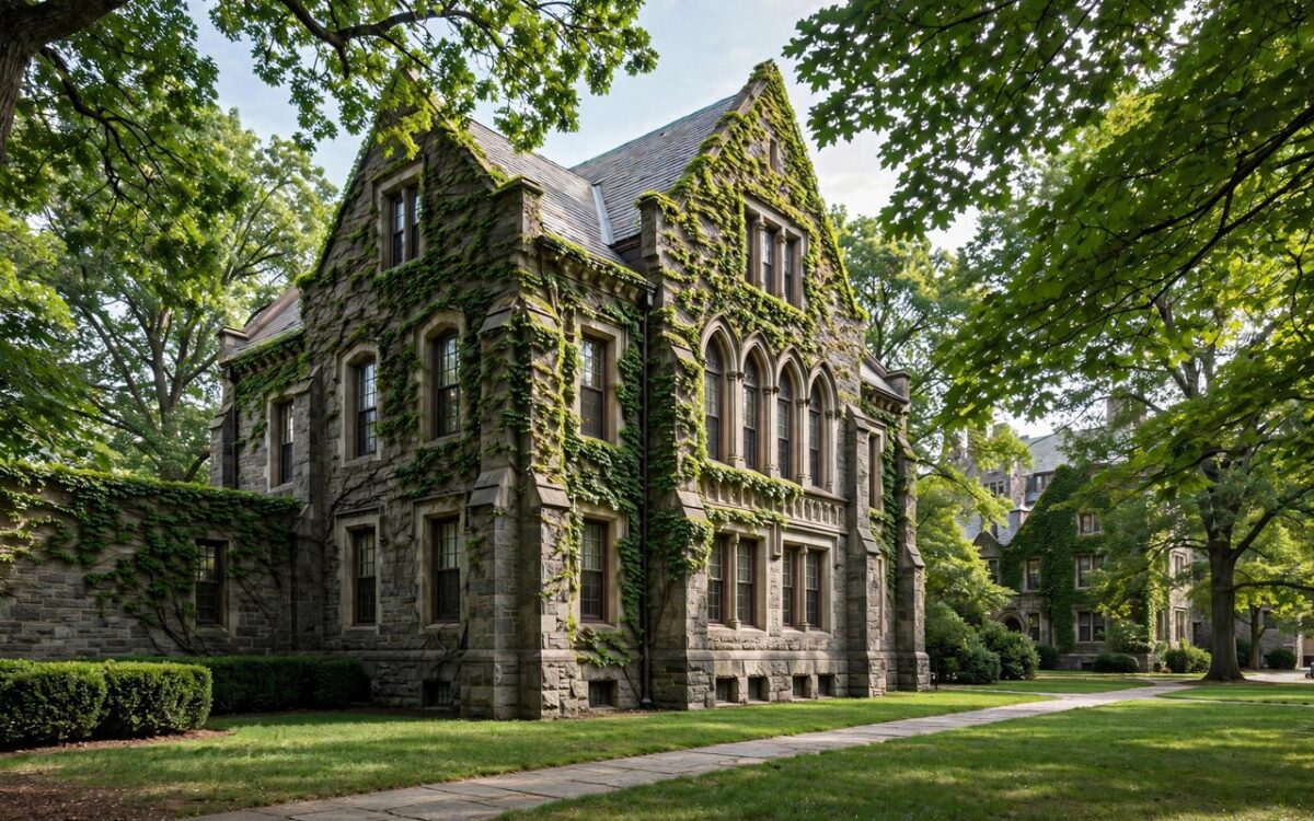 Ivy-covered stone academic building on the Cornell University campus in Ithaca