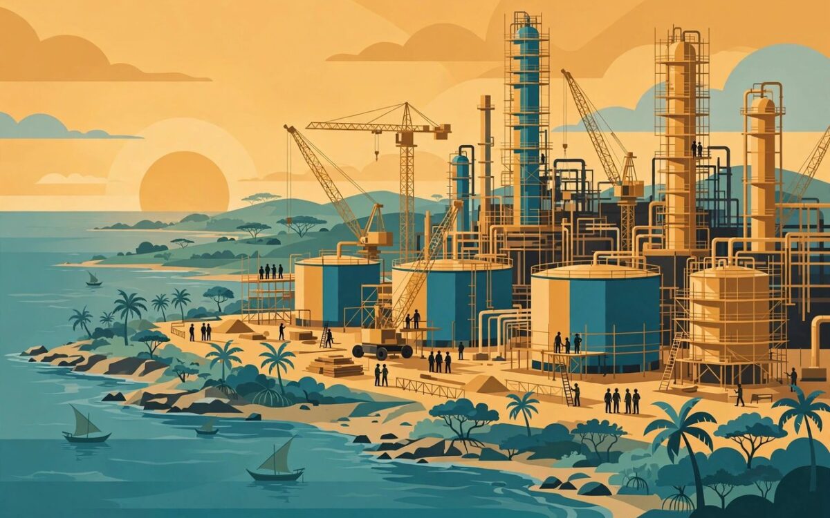 Editorial illustration of a large oil refinery under construction on the Kenyan coast