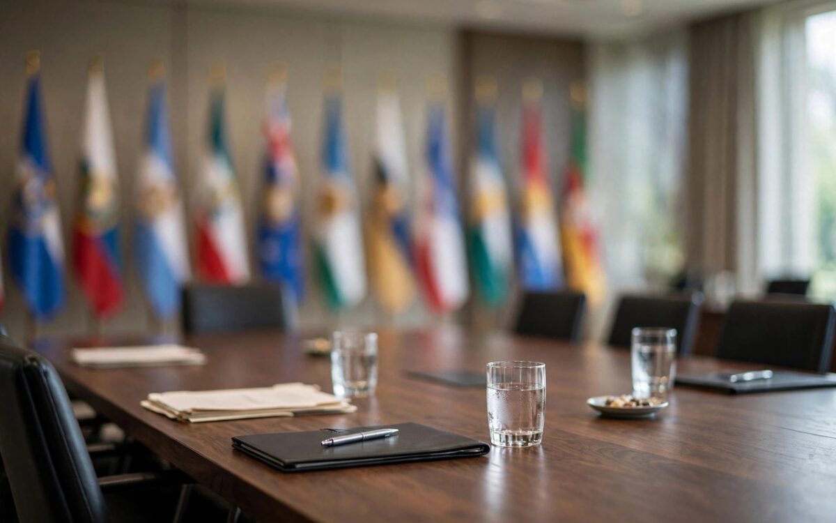 Conference table with the flags of India and the United States blurred in background