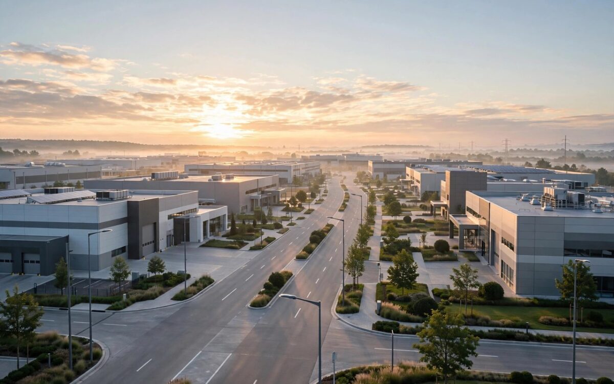 Modern industrial buildings and tech infrastructure on the outskirts of Delhi