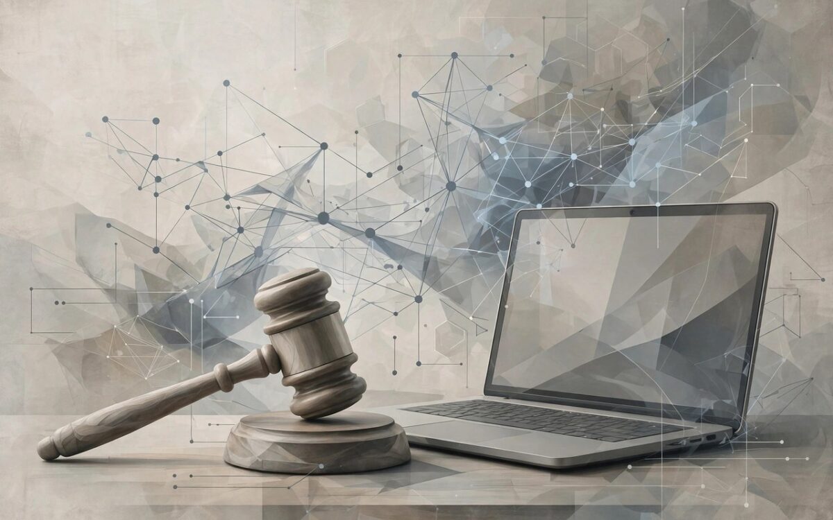 A judge's gavel beside a laptop symbolizing AI content regulation