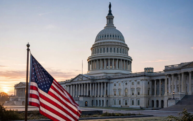 The US Capitol building at sunrise with an American flag in the foreground.
