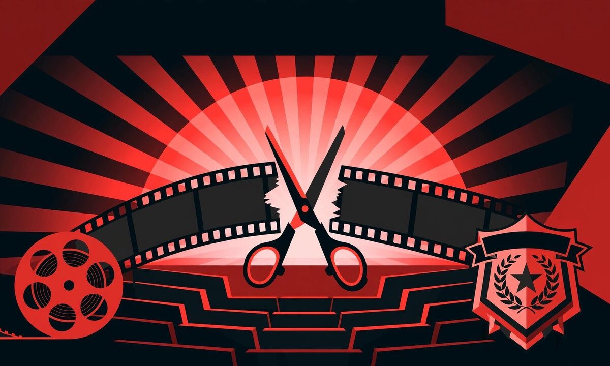 Editorial illustration of a film censor certificate motif with scissors cutting film strip