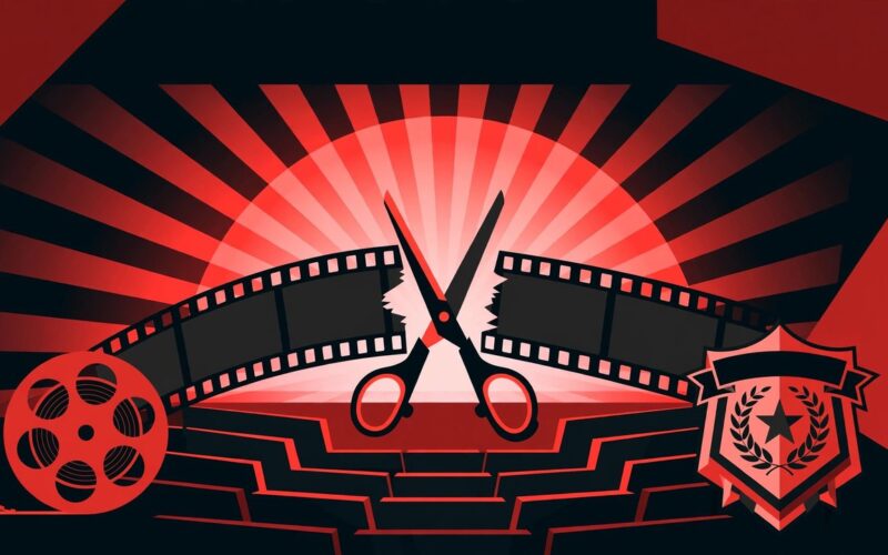 Editorial illustration of a film censor certificate motif with scissors cutting film strip