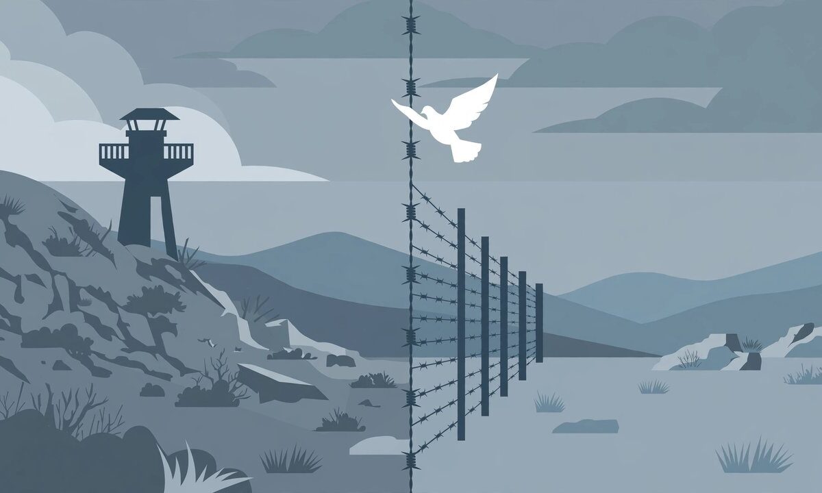 Editorial illustration of a divided border zone with barbed wire and a dove of peace