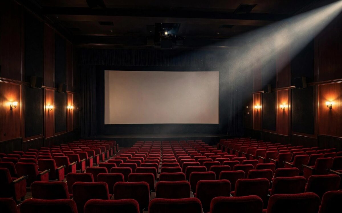 Film projector light beaming across an empty cinema hall during a box office screening